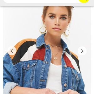 Color-blocked jean jacket.